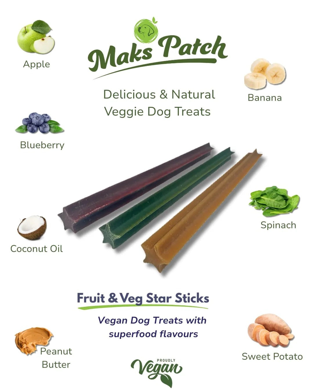Vegan Dog Treats - Fruit & Veg Star Sticks - added Coconut Oil - 5 pack bundle