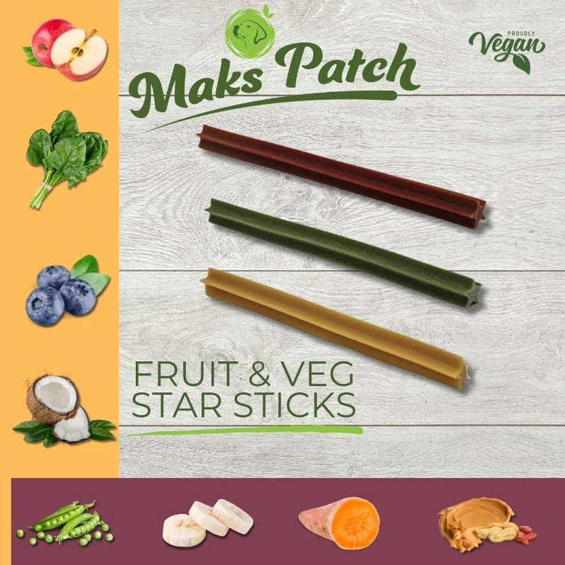 Vegan Dog Treats - Fruit & Veg Star Sticks - added Coconut Oil - 5 pack bundle
